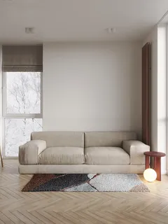 Moderná obývačka s pohovkou a stolíkom pre mladú rodinu